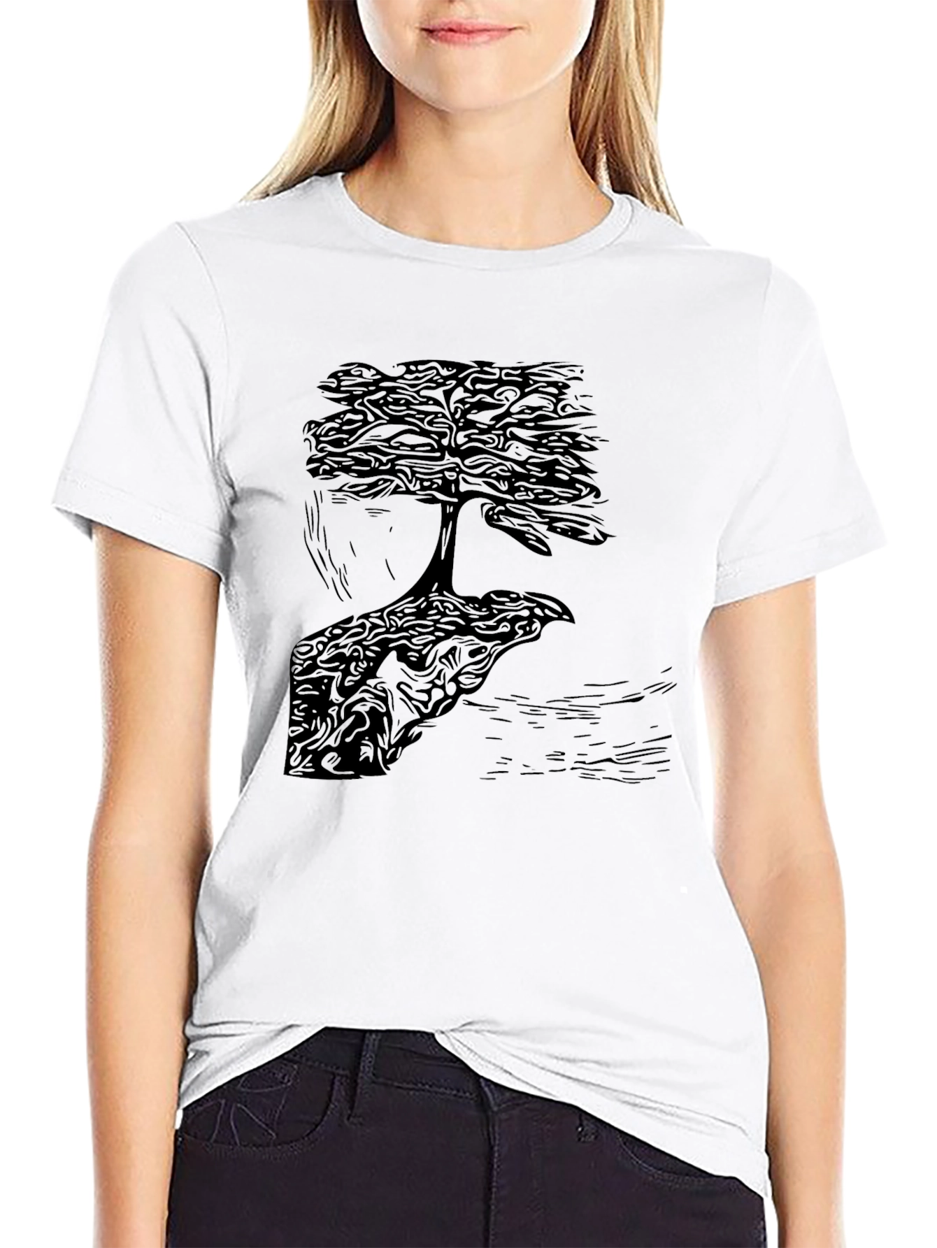 Bonsai Tree Graphic Print Crew Neck Tee - Black