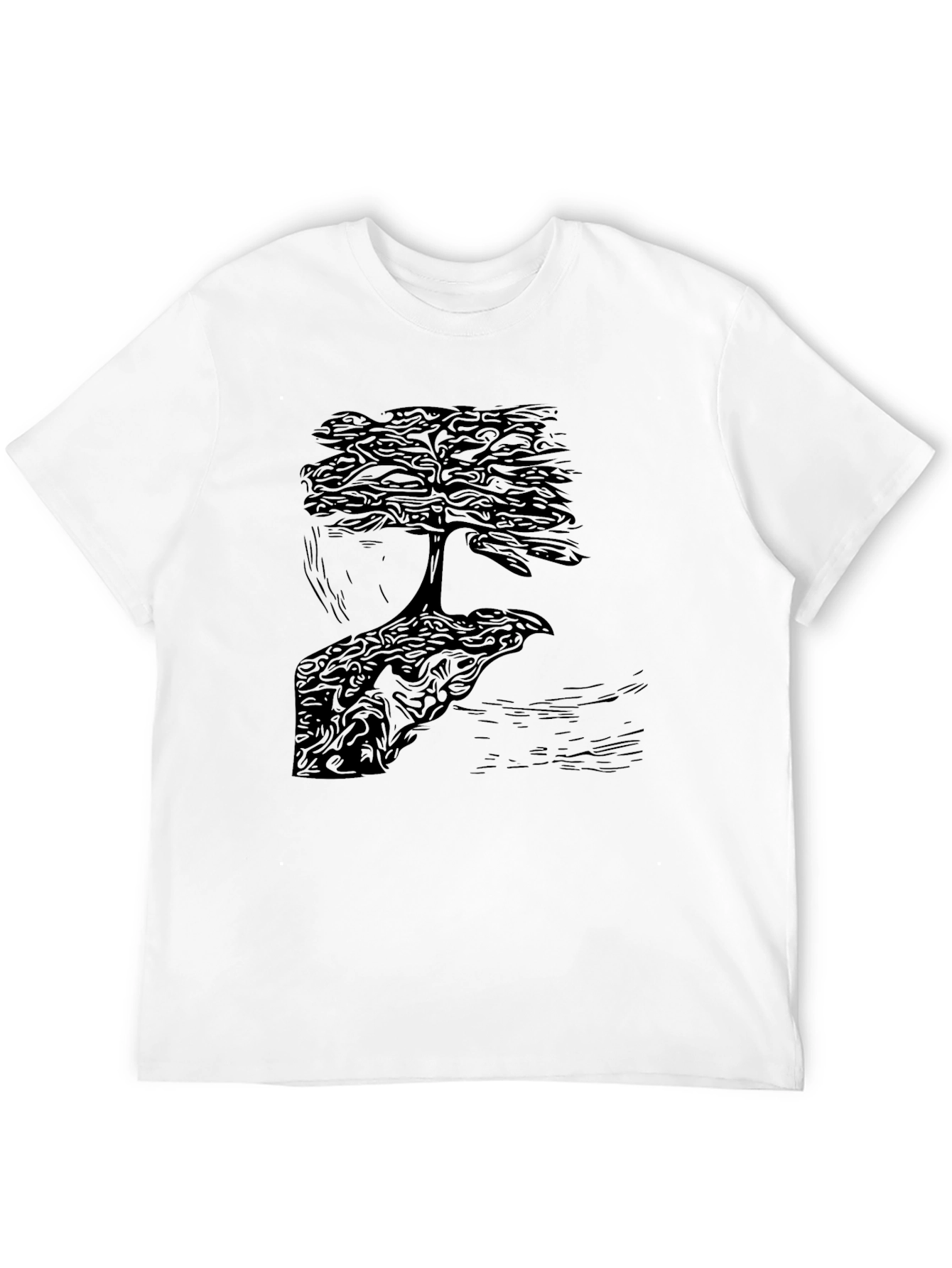Bonsai Tree Graphic Print Crew Neck Tee - Black