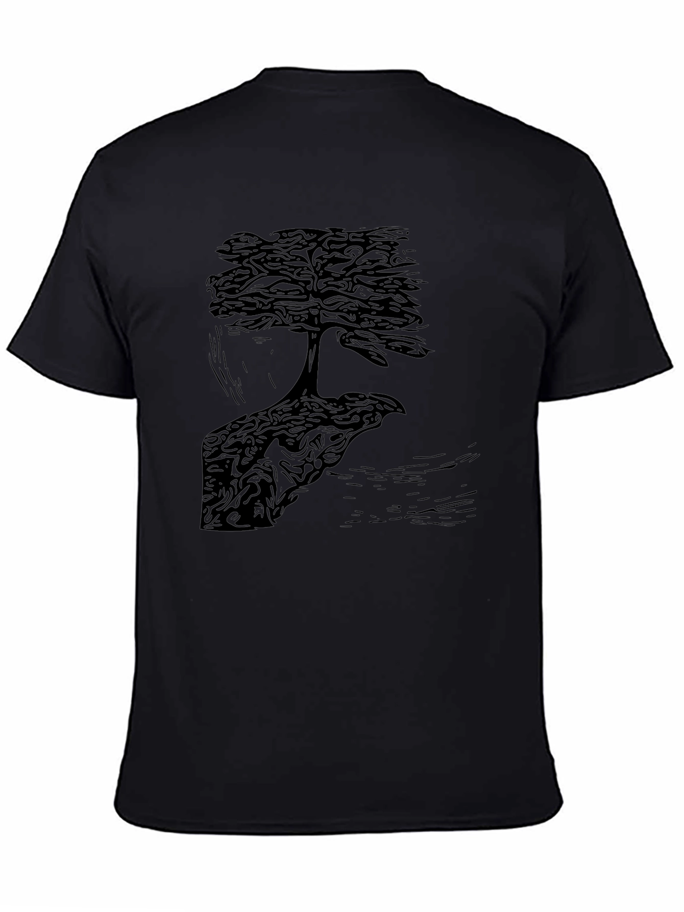 Bonsai Tree Graphic Print Crew Neck Tee - Black