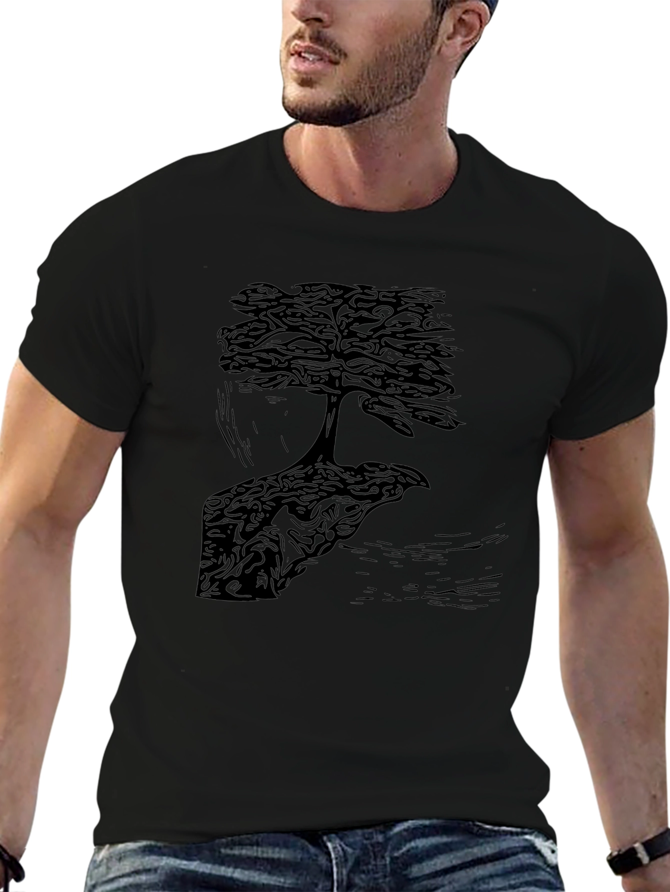 Bonsai Tree Graphic Print Crew Neck Tee - Black