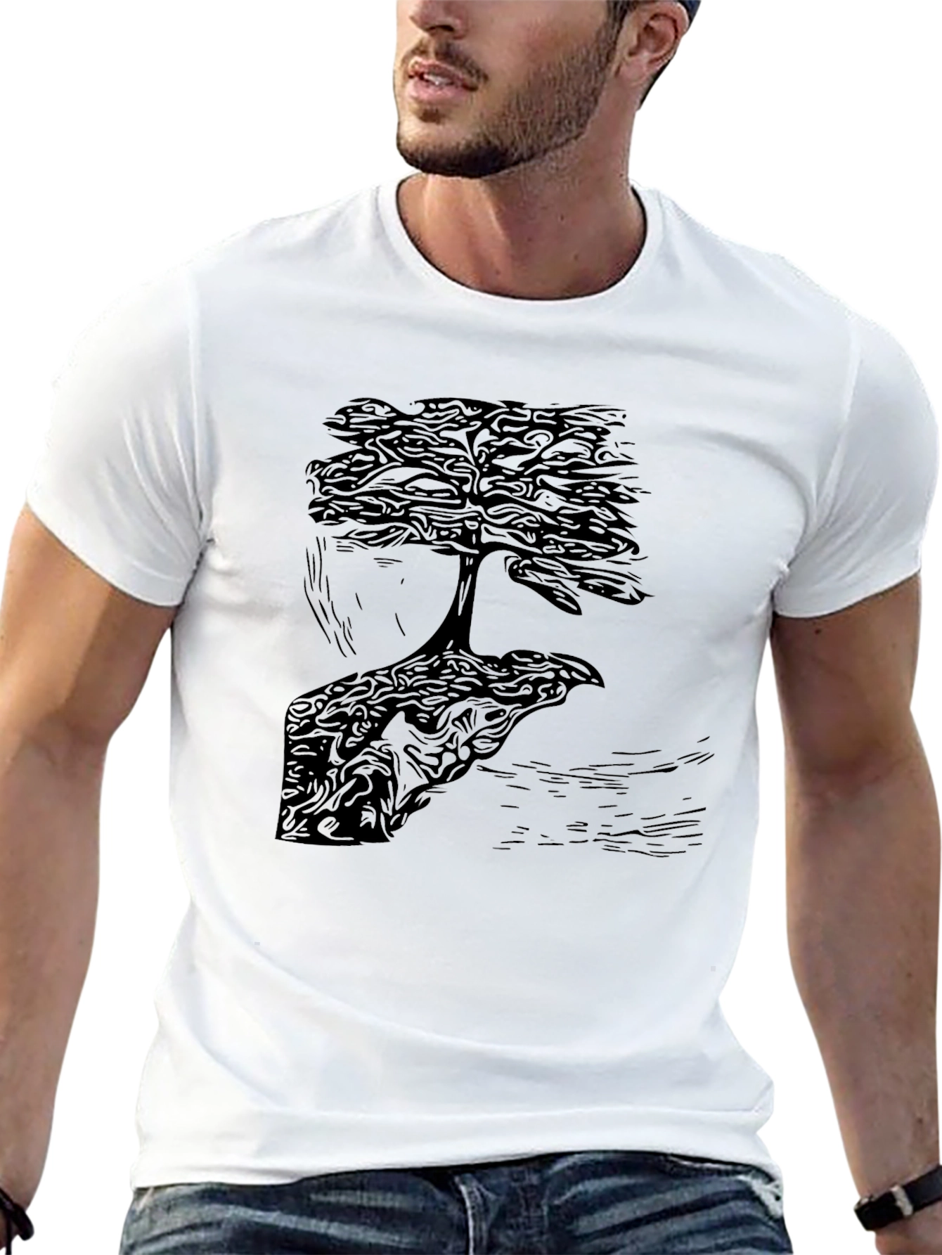 Bonsai Tree Graphic Print Crew Neck Tee - Black