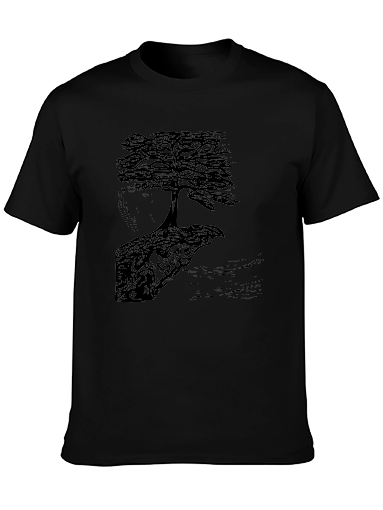Bonsai Tree Graphic Print Crew Neck Tee - Black