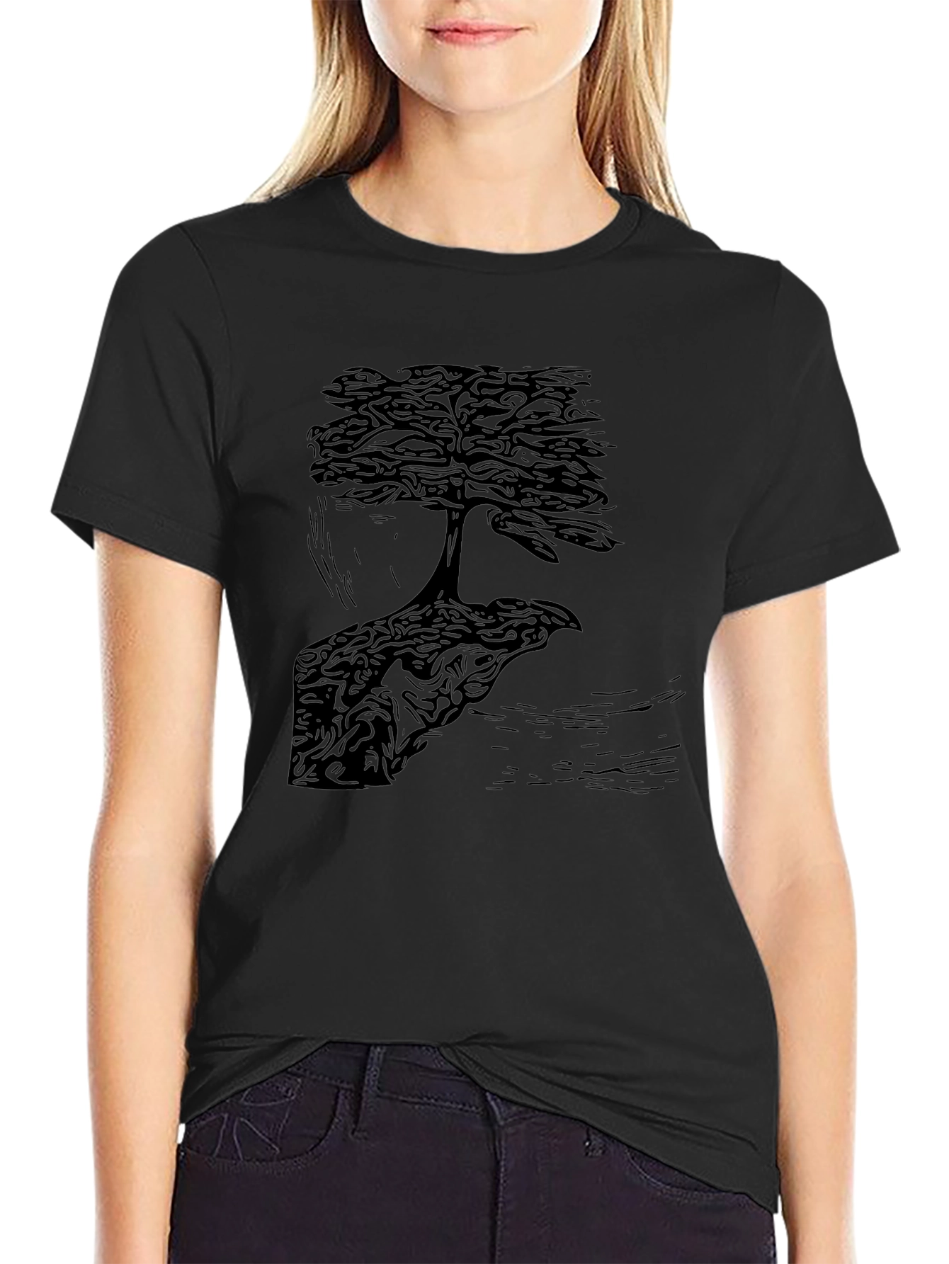 Bonsai Tree Graphic Print Crew Neck Tee - Black