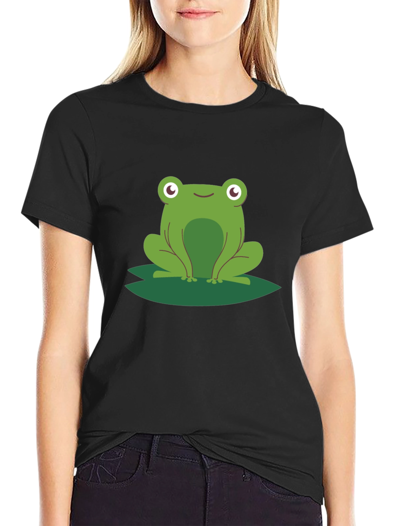 Frog on Lily Pad Graphic Tee - Black Cotton