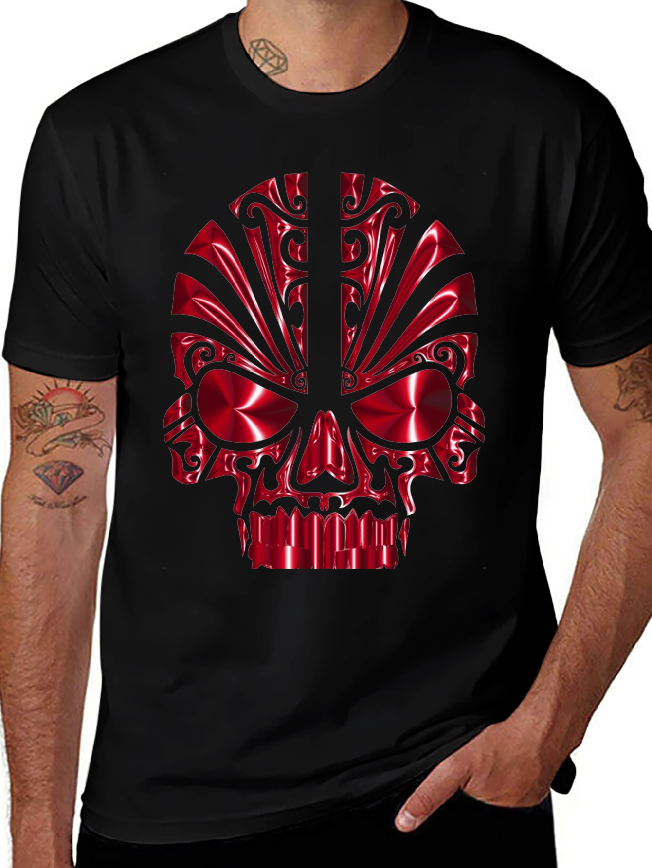 Red Chrome Skull Graphic Black T-Shirt