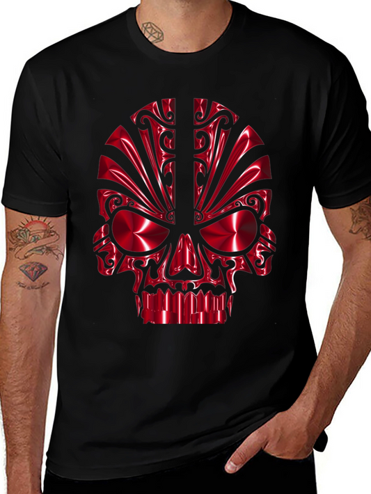 Red Chrome Skull Graphic Black T-Shirt