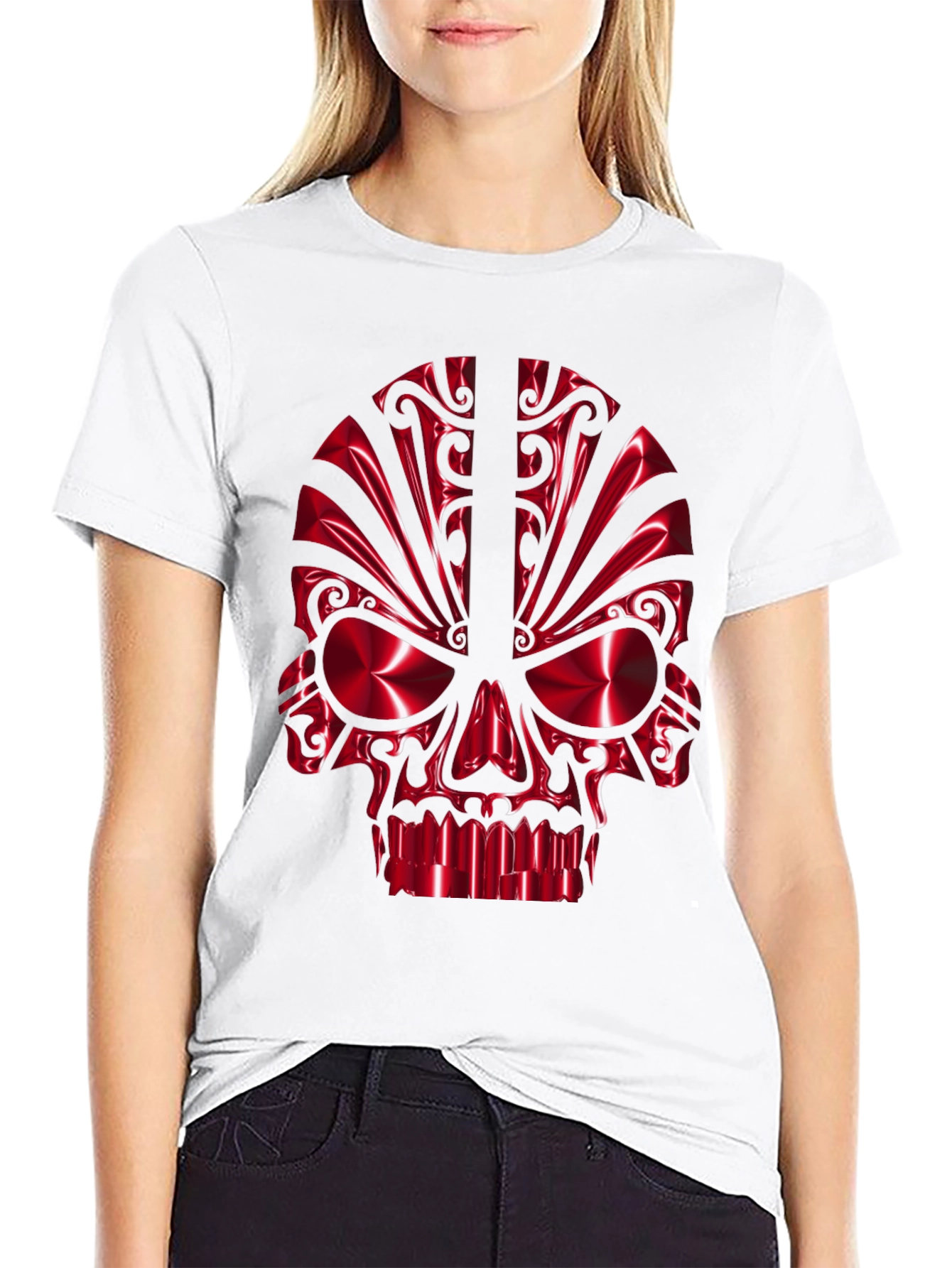 Red Chrome Skull Graphic Black T-Shirt