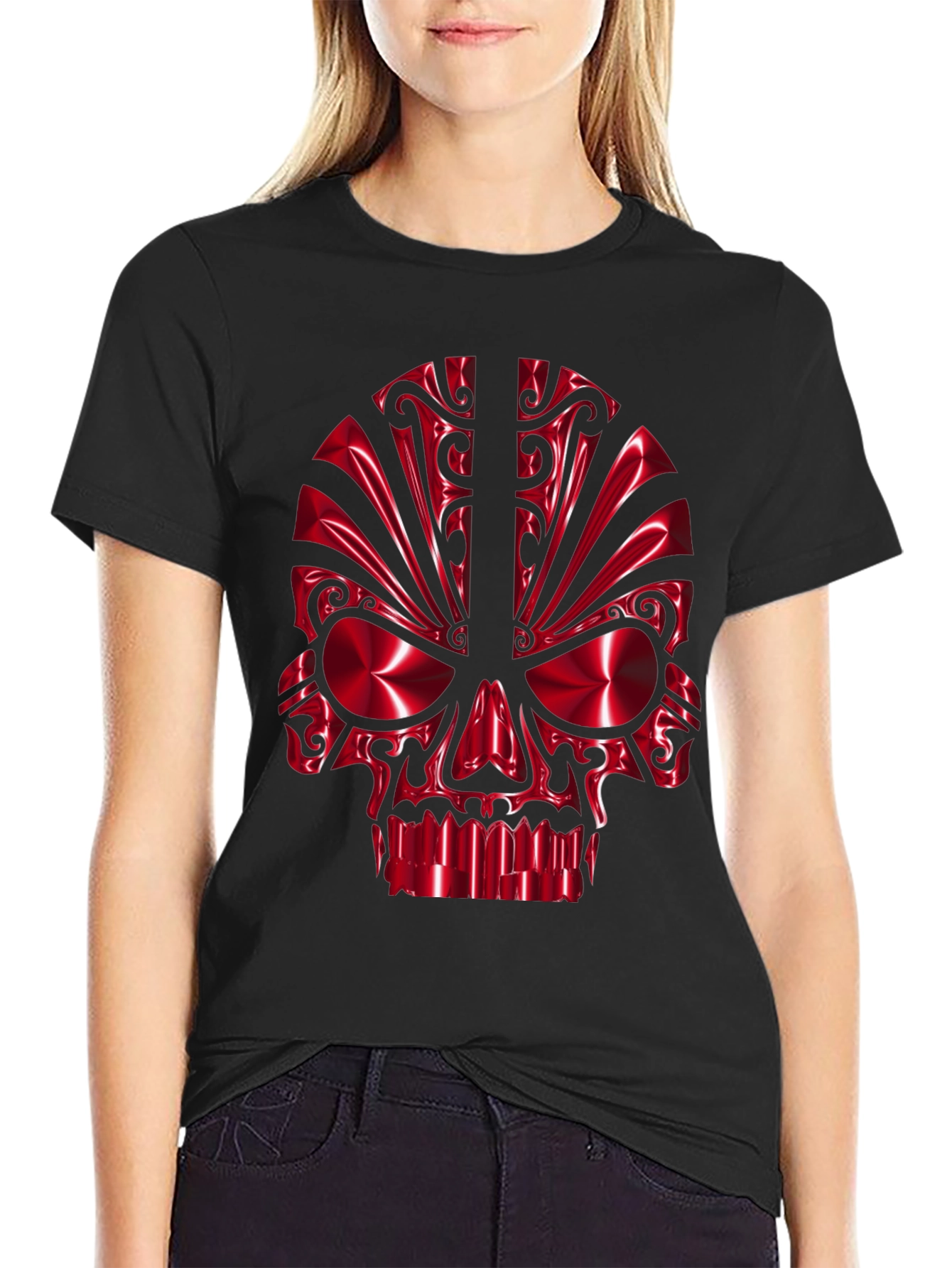 Red Chrome Skull Graphic Black T-Shirt