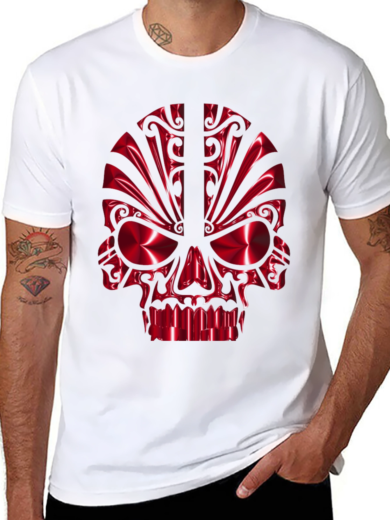 Red Chrome Skull Graphic Black T-Shirt