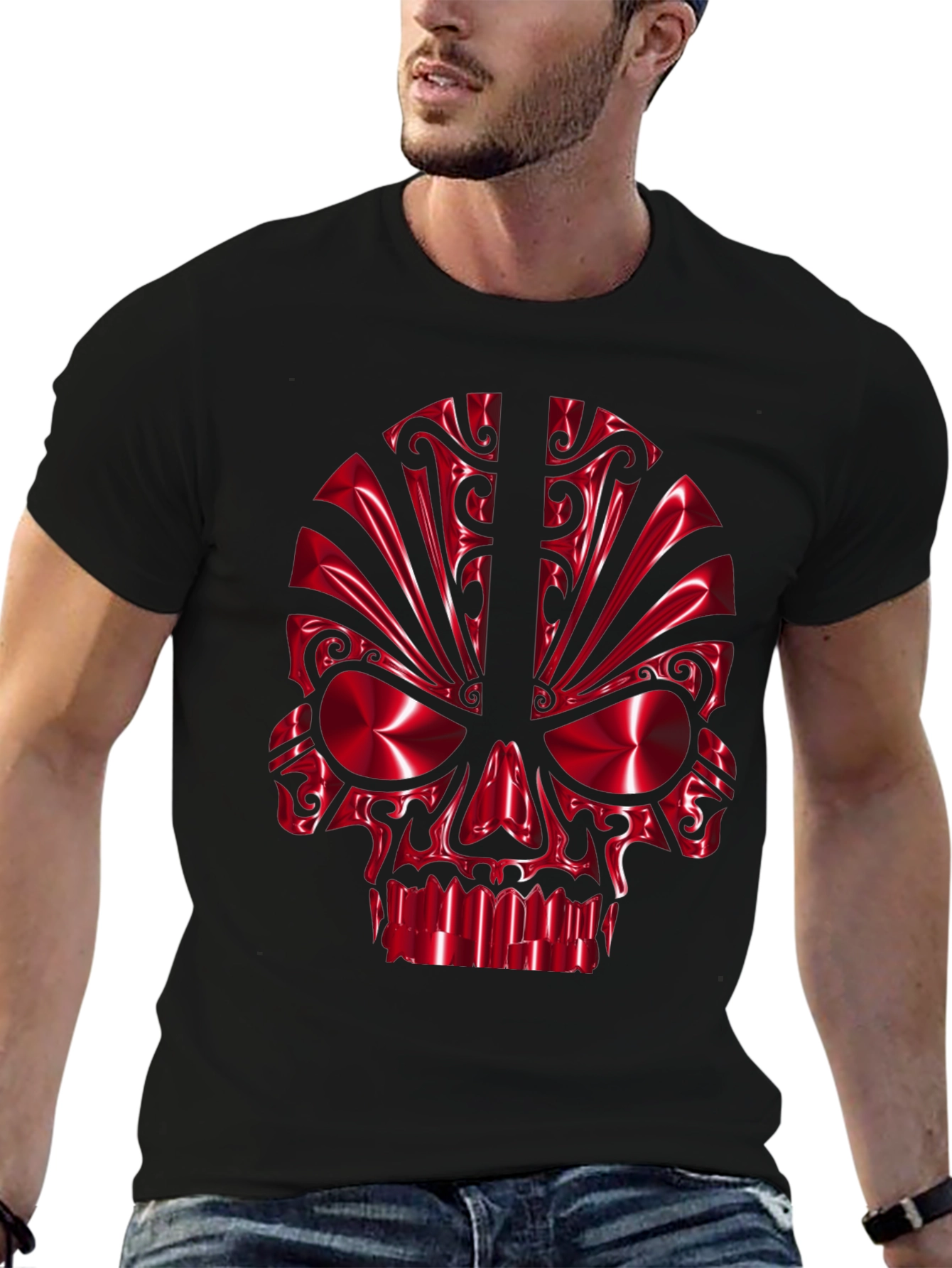 Red Chrome Skull Graphic Black T-Shirt