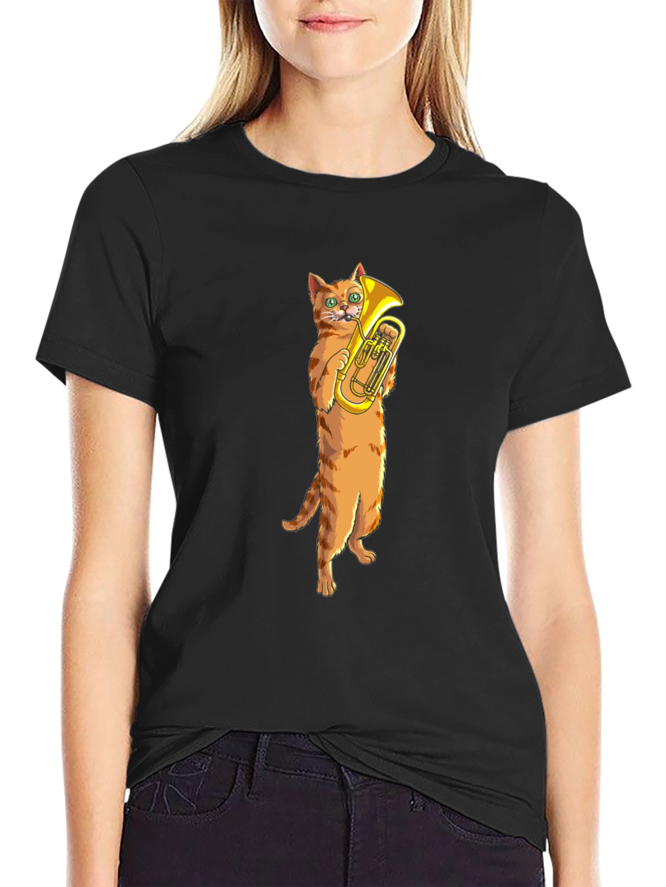 Cat Tuba Player Black T-Shirt