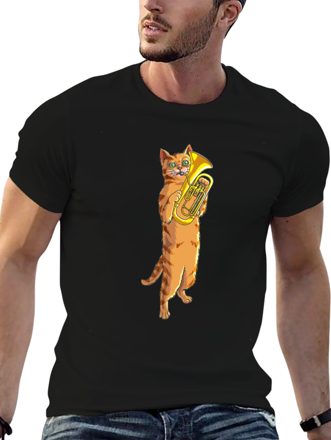 Cat Tuba Player Black T-Shirt