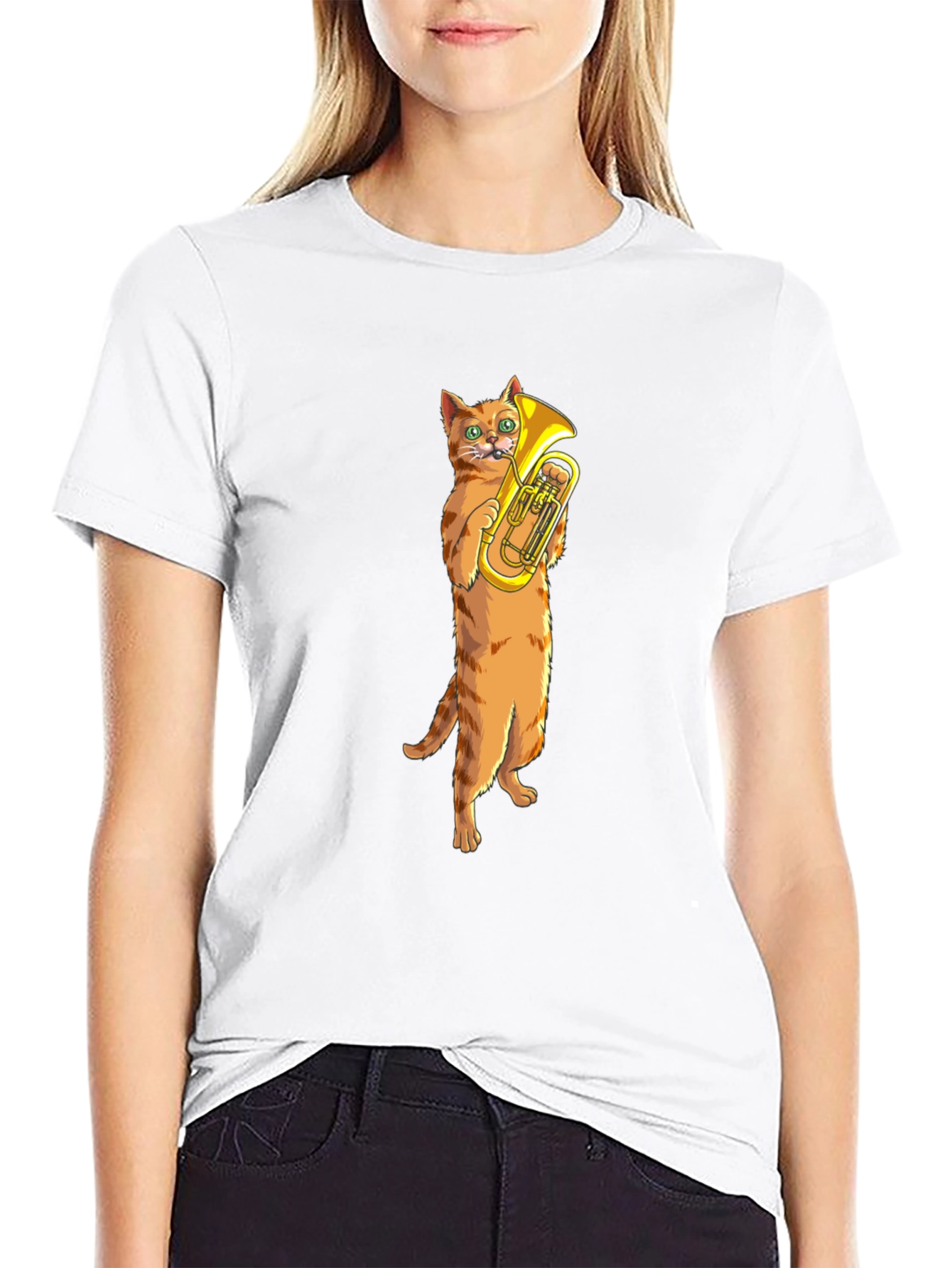 Cat Tuba Player Black T-Shirt