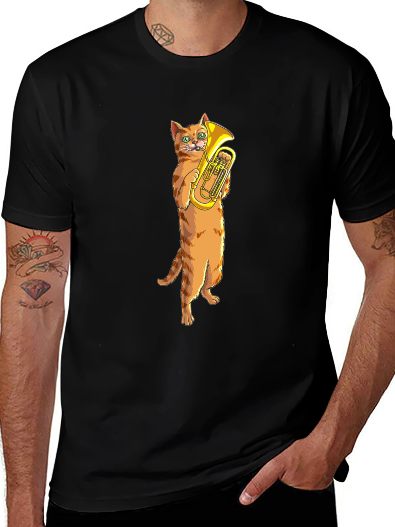 Cat Tuba Player Black T-Shirt