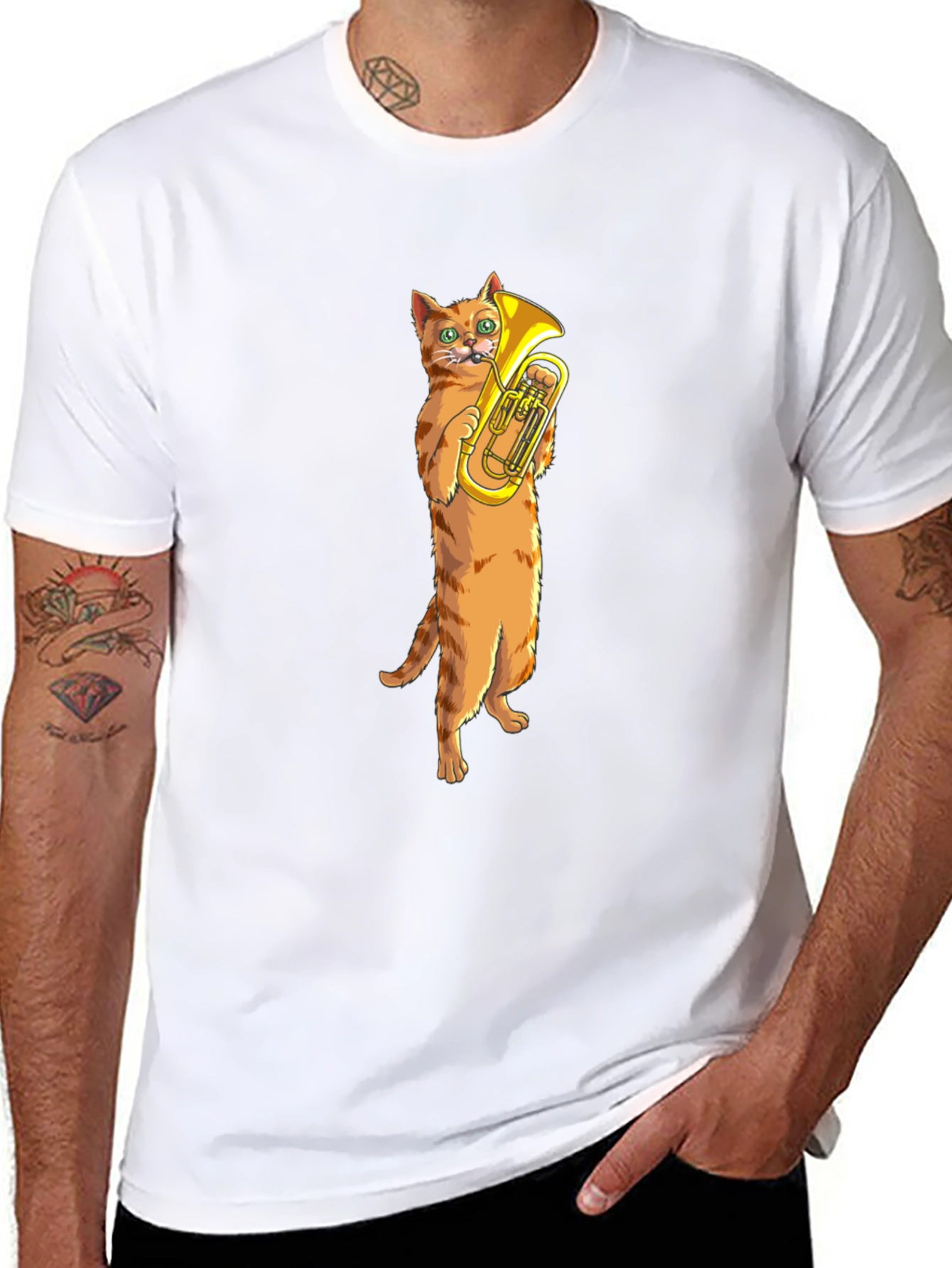 Cat Tuba Player Black T-Shirt