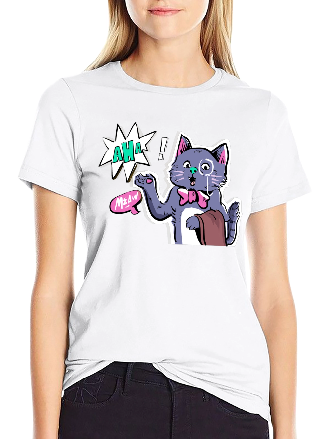 AHA! Monocled Cat Tee - Quirky Cartoon Style