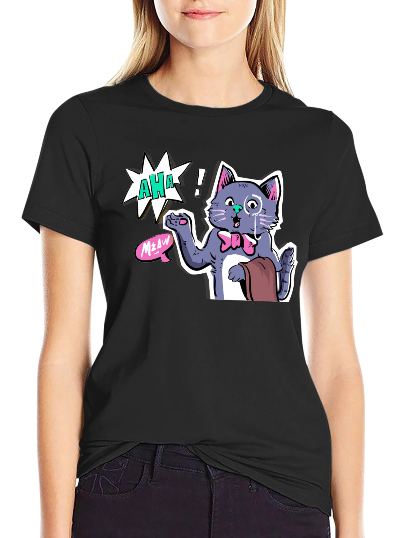 AHA! Monocled Cat Tee - Quirky Cartoon Style