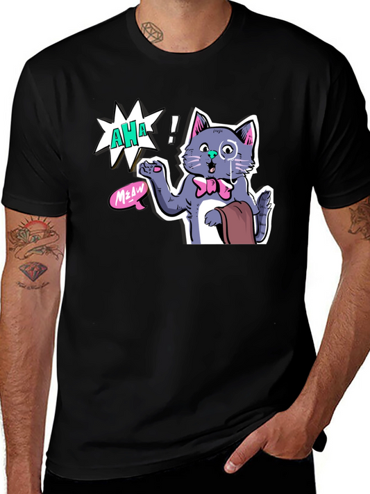 AHA! Monocled Cat Tee - Quirky Cartoon Style