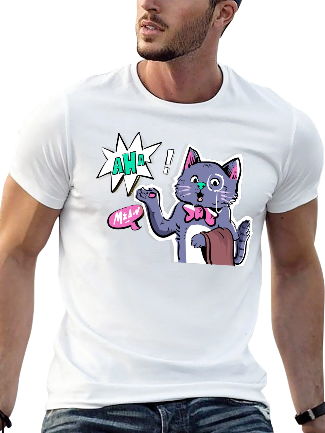 AHA! Monocled Cat Tee - Quirky Cartoon Style