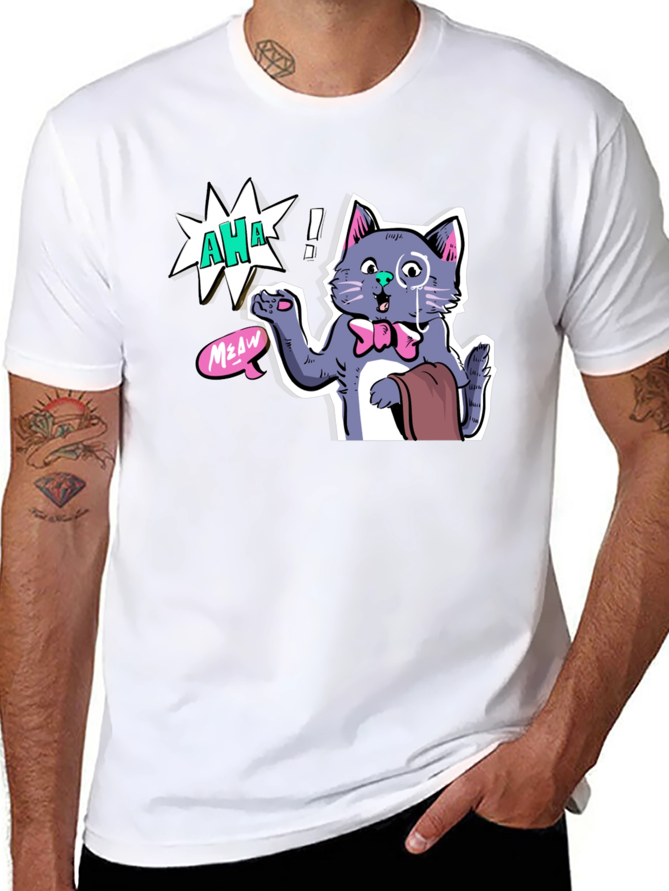 AHA! Monocled Cat Tee - Quirky Cartoon Style