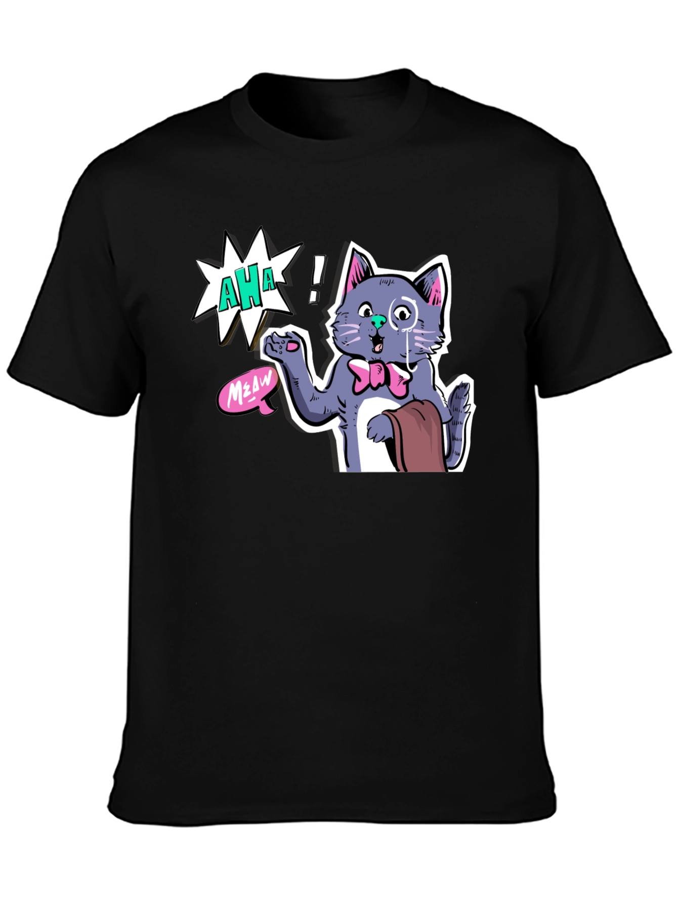 AHA! Monocled Cat Tee - Quirky Cartoon Style