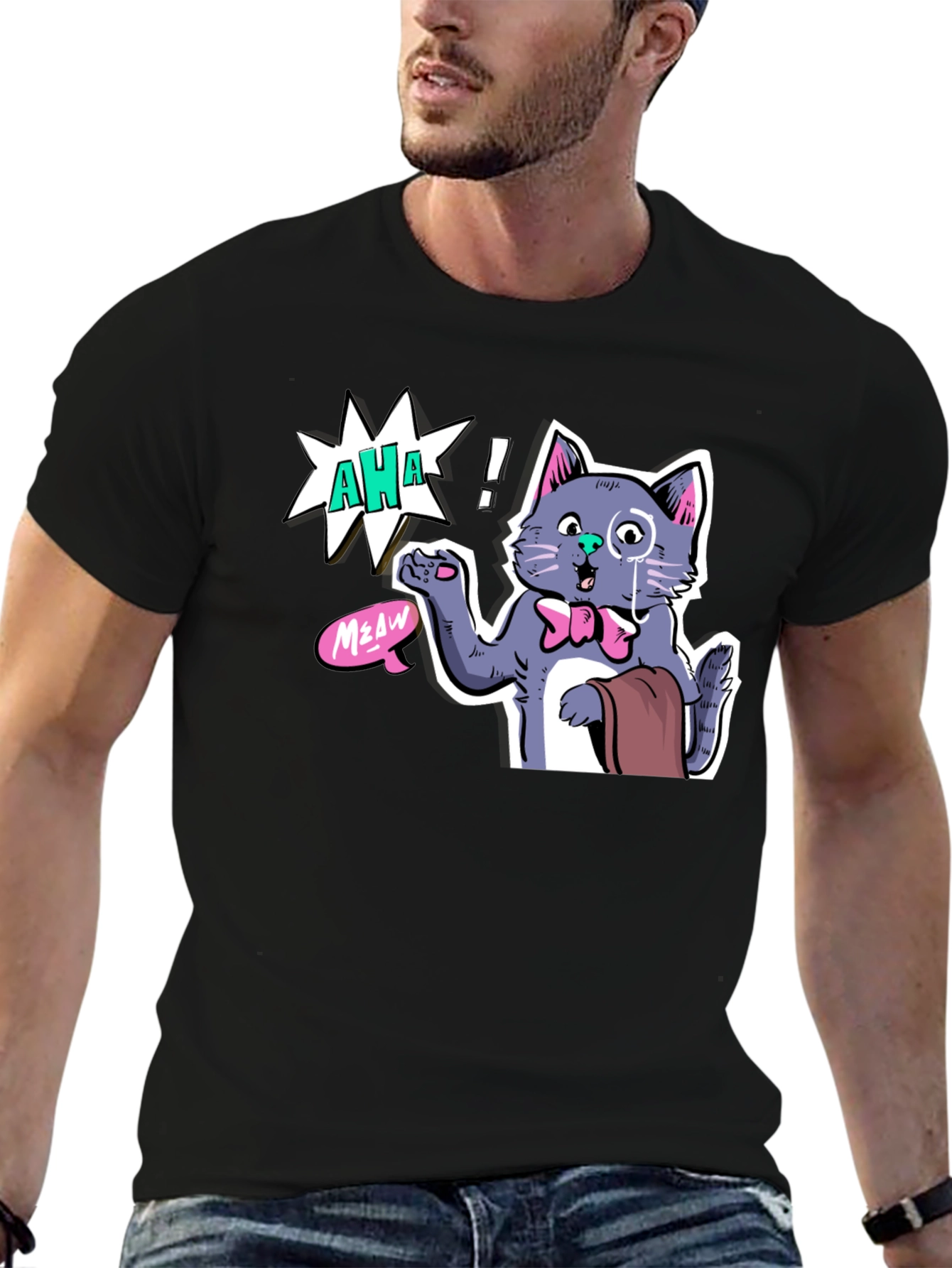 AHA! Monocled Cat Tee - Quirky Cartoon Style