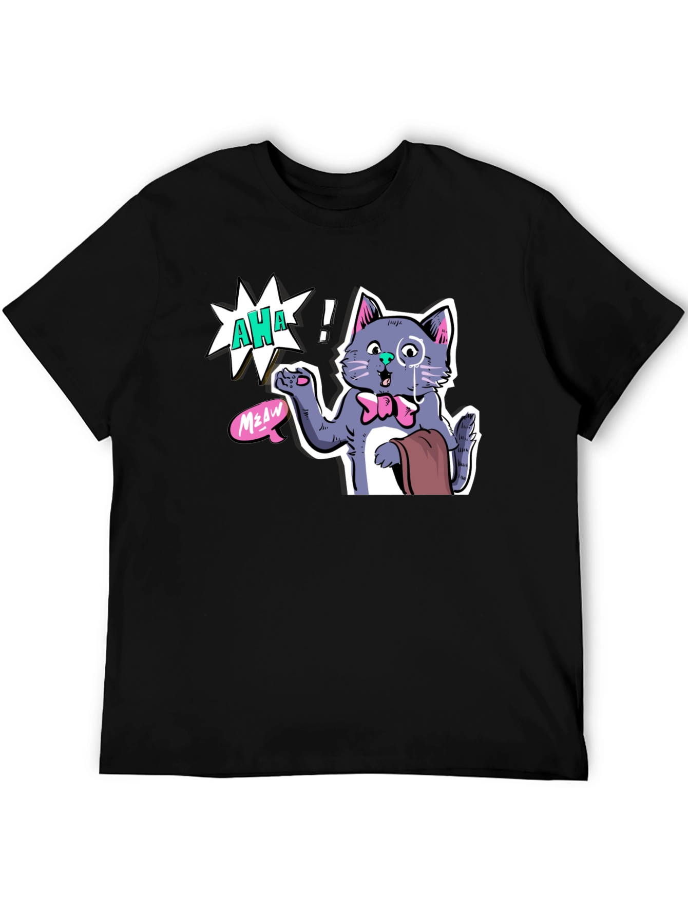 AHA! Monocled Cat Tee - Quirky Cartoon Style