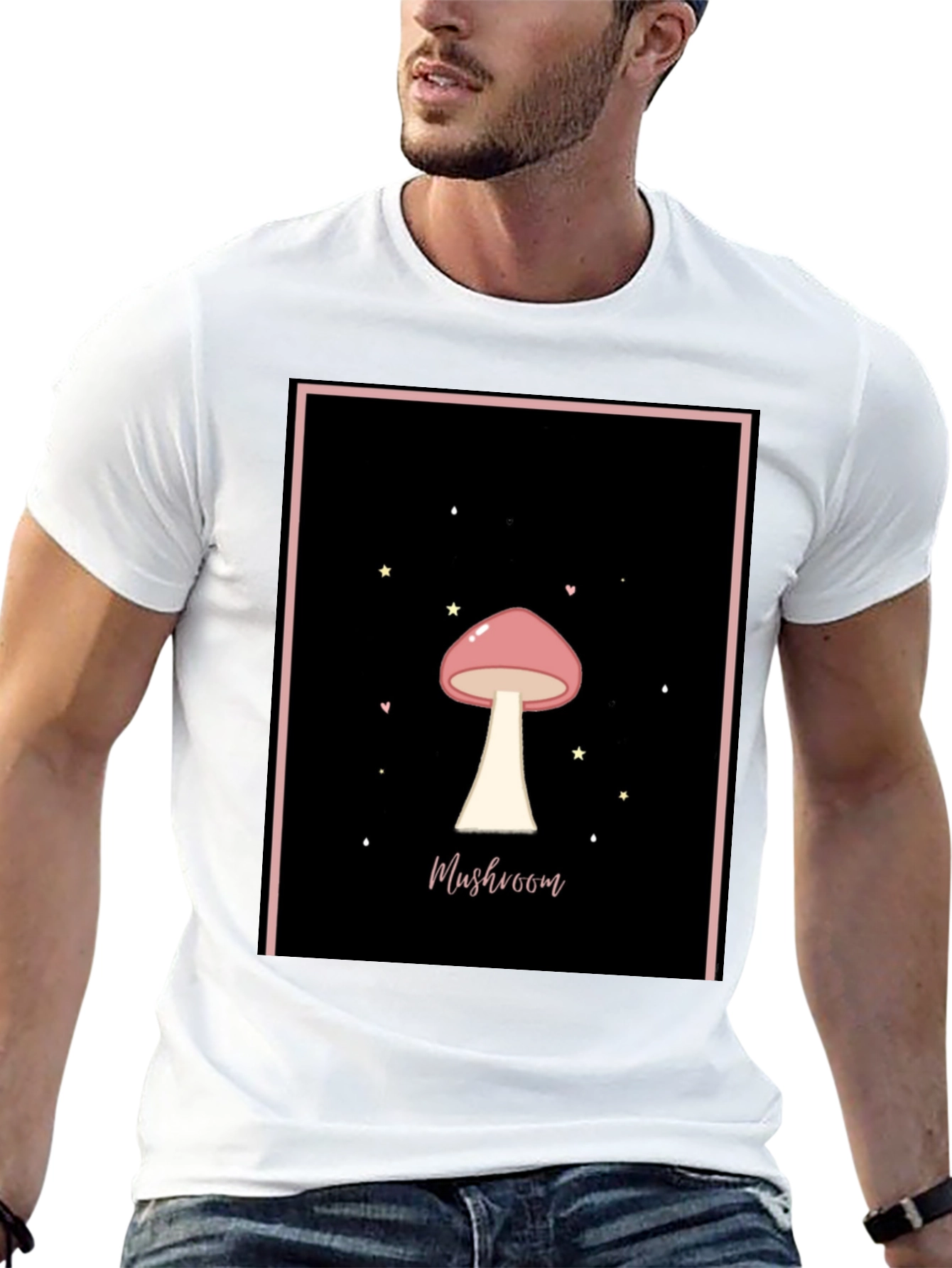 Mushroom Graphic Tee - Black Cotton Casual T-Shirt