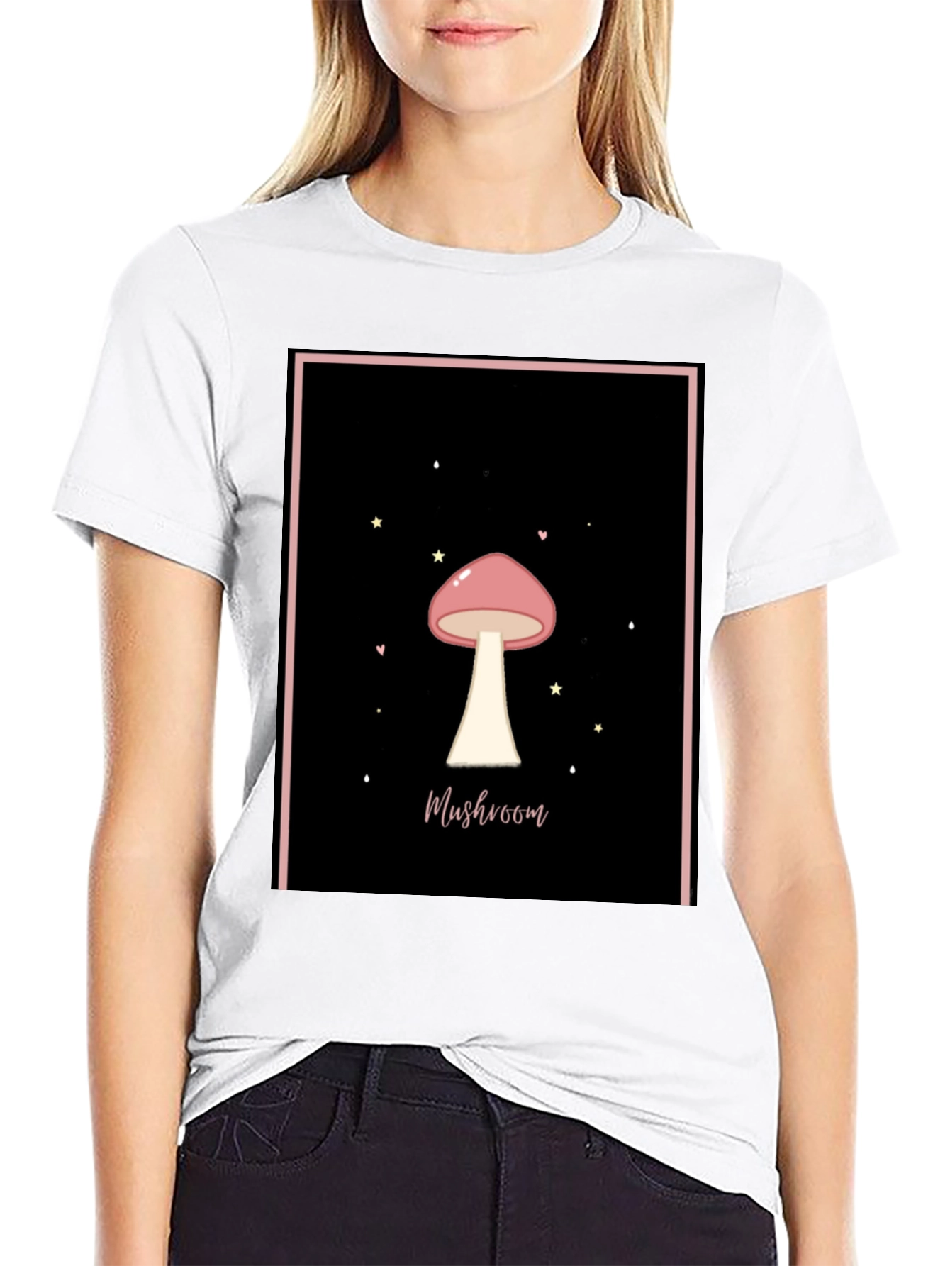 Mushroom Graphic Tee - Black Cotton Casual T-Shirt