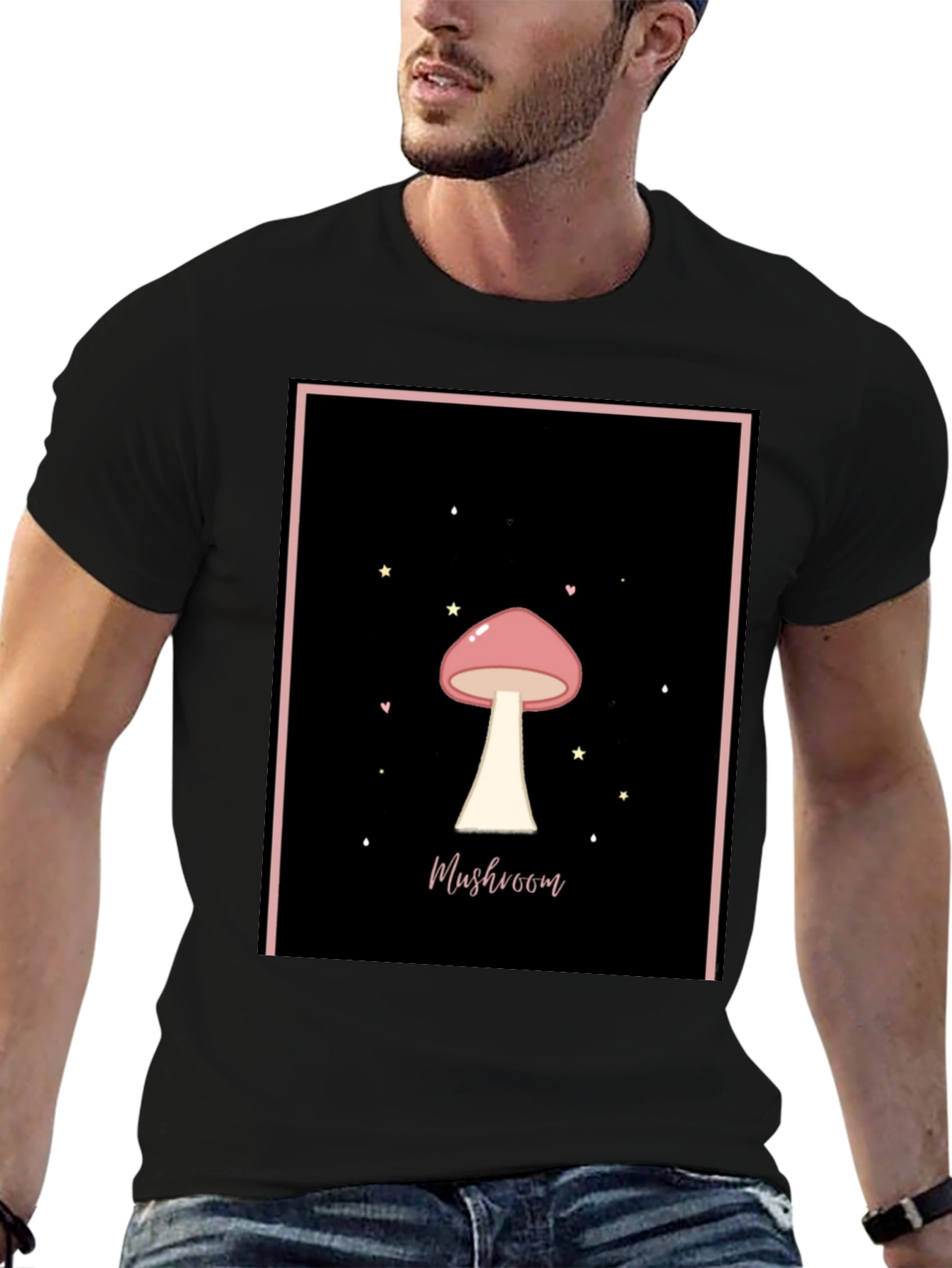 Mushroom Graphic Tee - Black Cotton Casual T-Shirt
