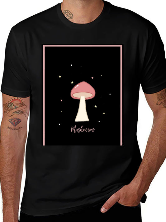 Mushroom Graphic Tee - Black Cotton Casual T-Shirt