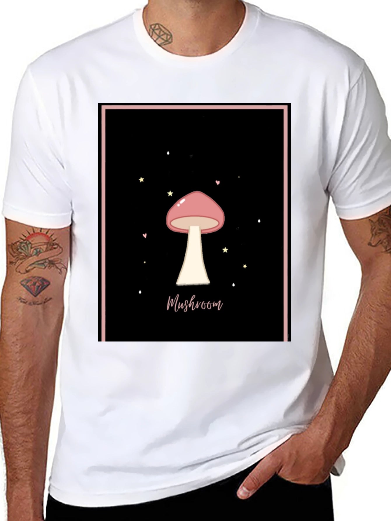 Mushroom Graphic Tee - Black Cotton Casual T-Shirt