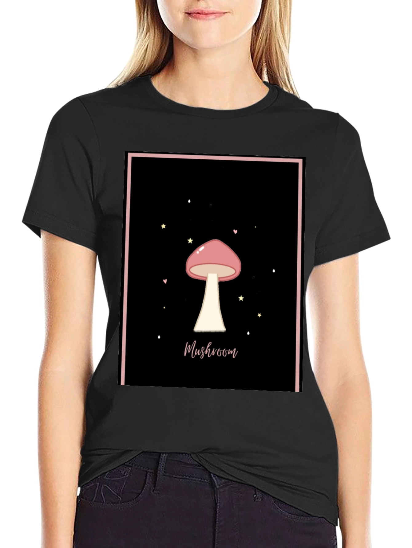 Mushroom Graphic Tee - Black Cotton Casual T-Shirt
