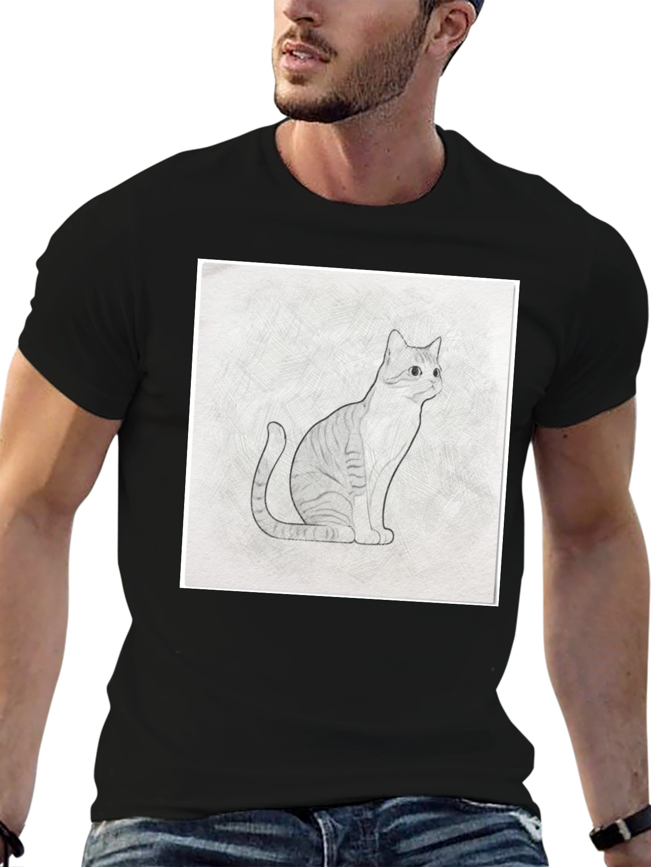 Cool Cat Sketch Graphic Tee - Black Casual T-Shirt