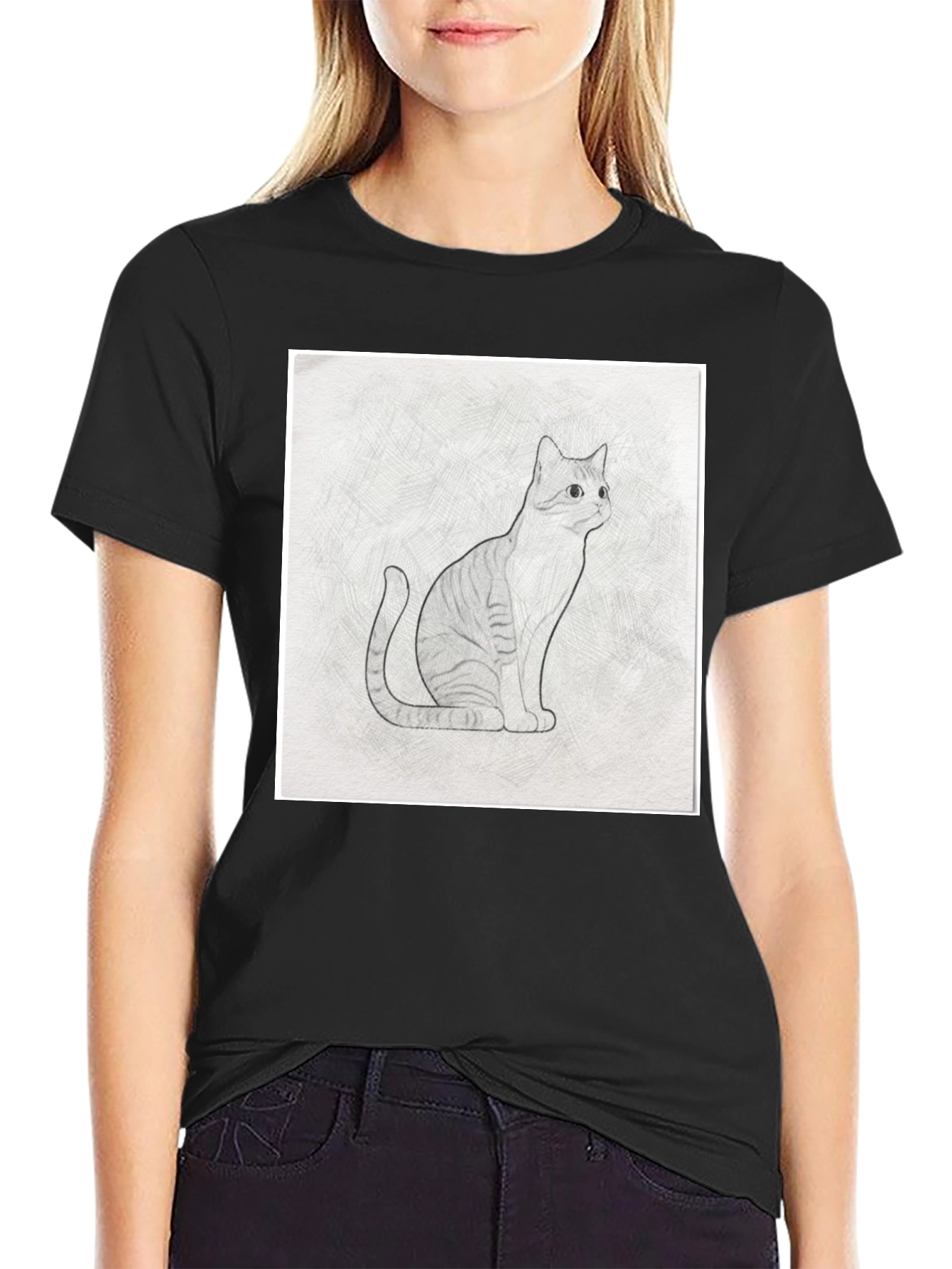 Cool Cat Sketch Graphic Tee - Black Casual T-Shirt