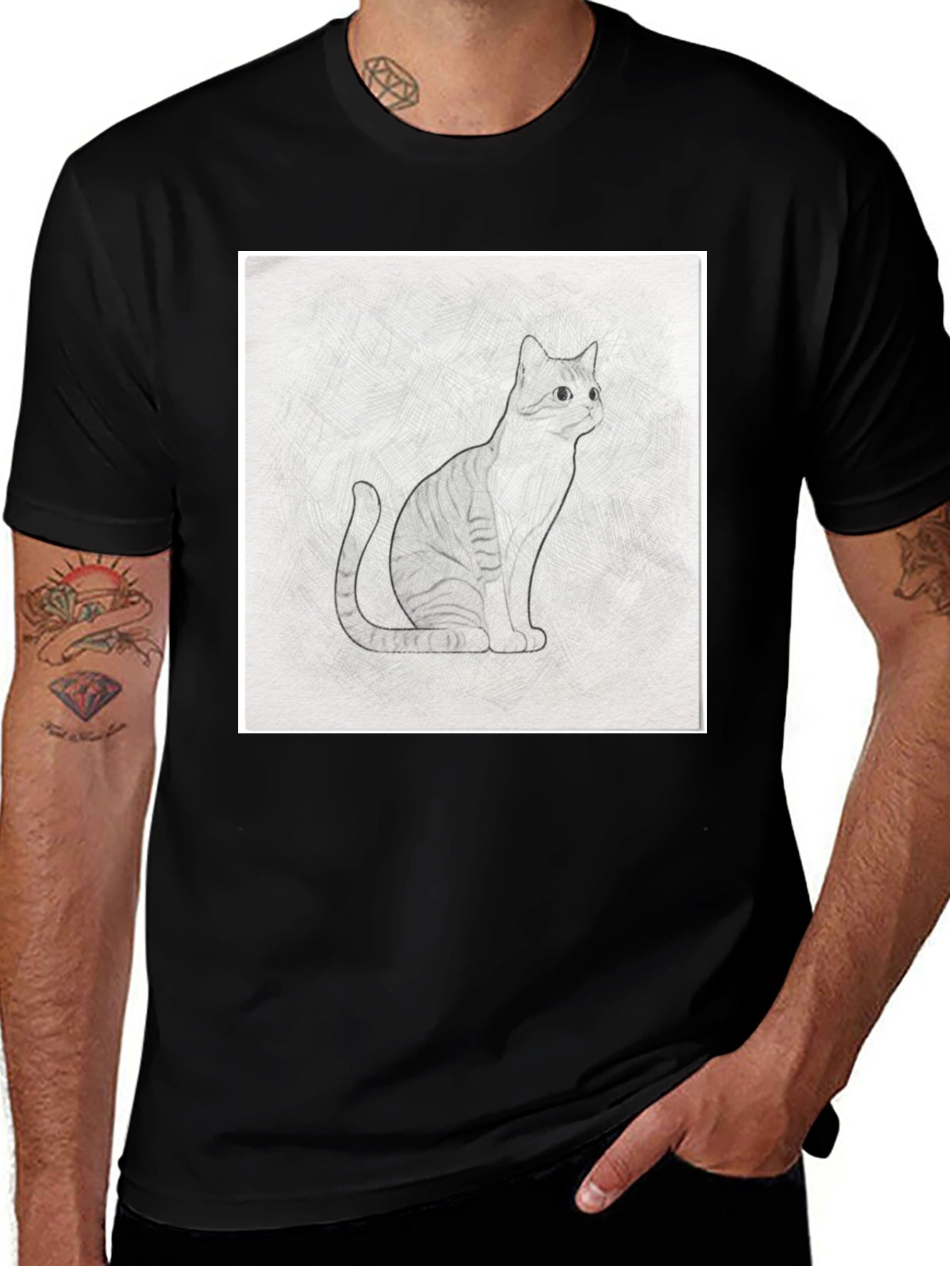 Cool Cat Sketch Graphic Tee - Black Casual T-Shirt