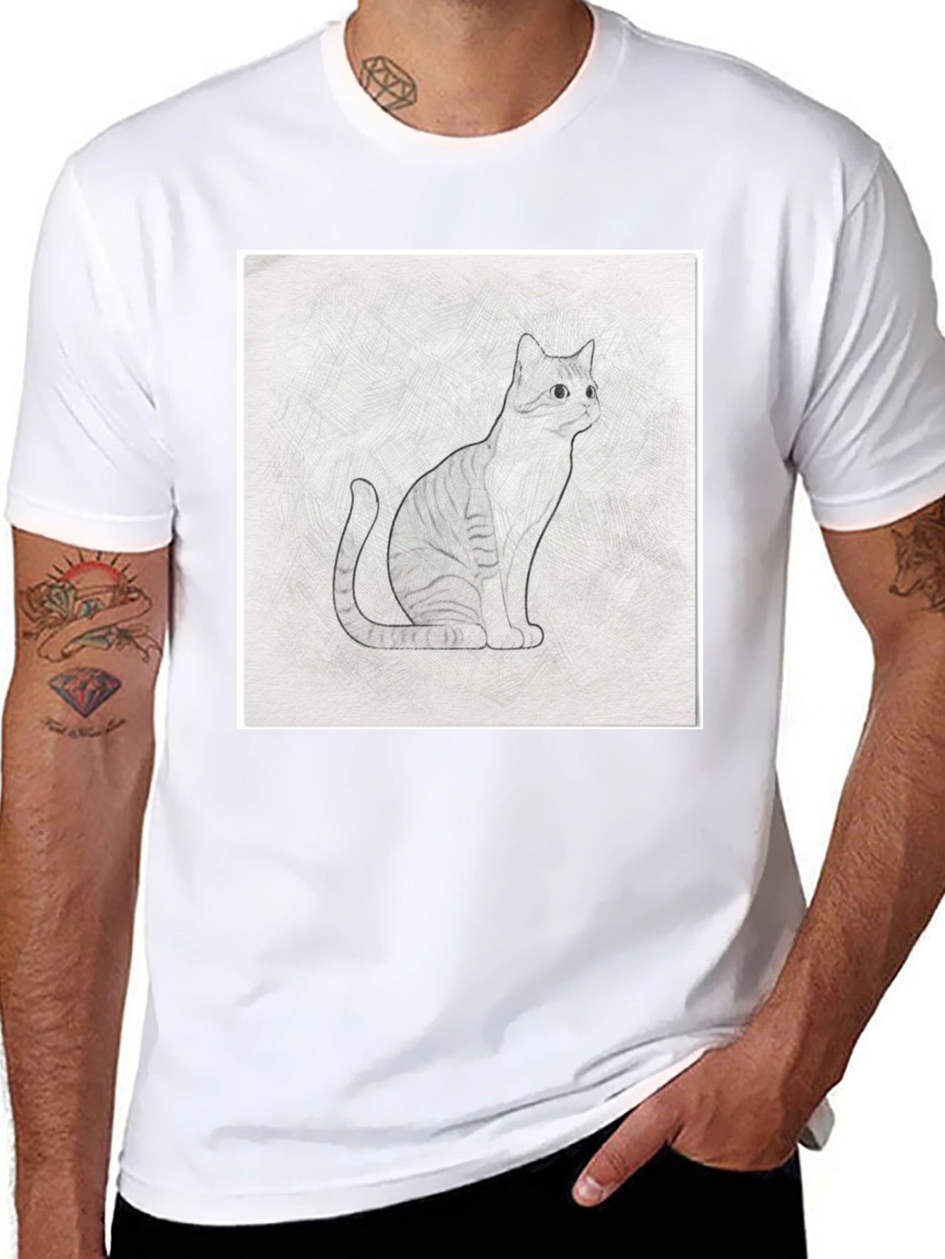 Cool Cat Sketch Graphic Tee - Black Casual T-Shirt