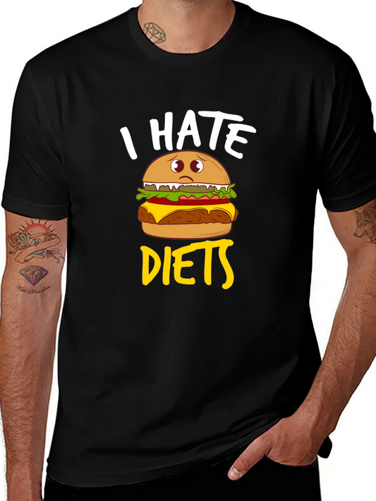 I Hate Diets Funny Burger Graphic Mens Black T-Shirt