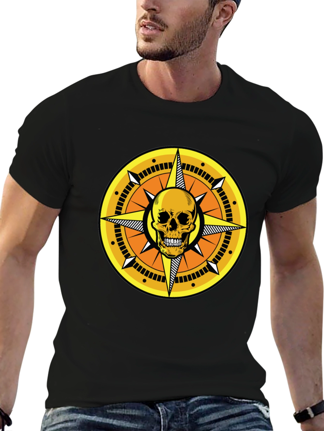Skull Compass Graphic Tee - Stylish Mens Black T-Shirt